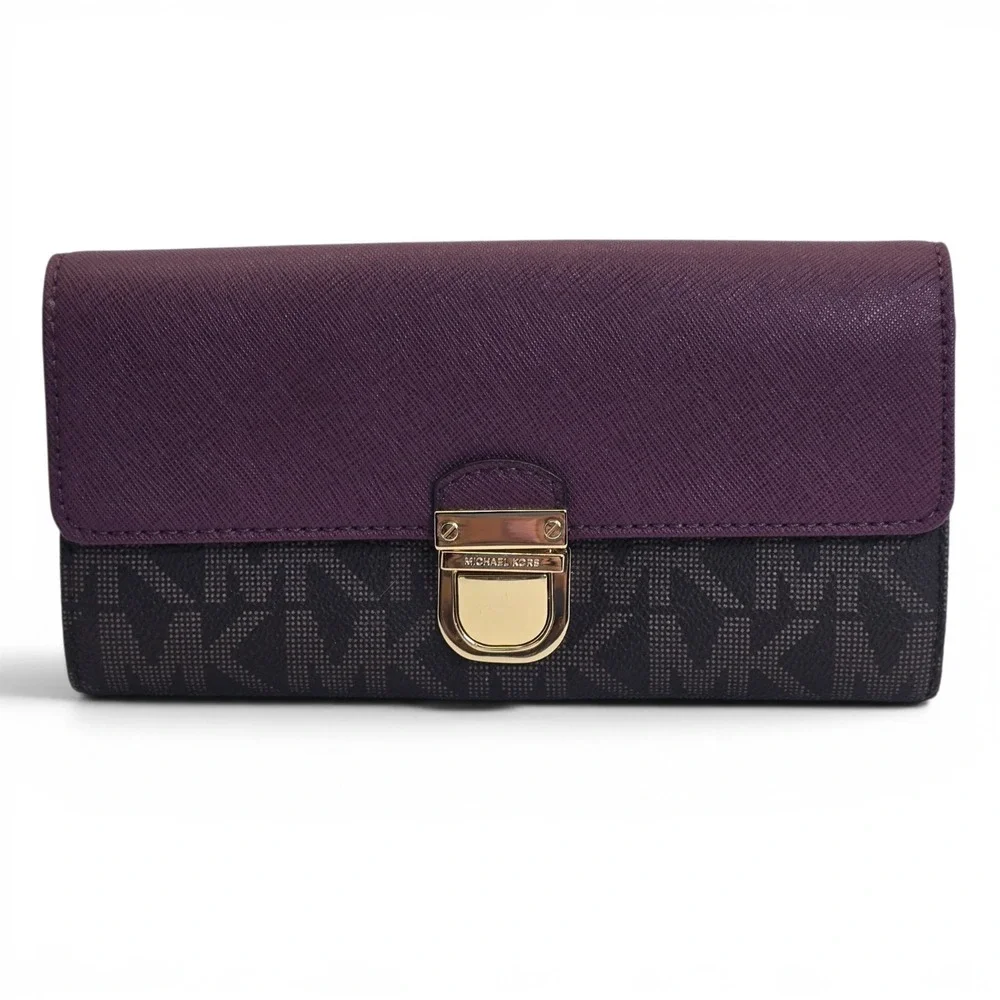 Michael Kors Bridgette Flap Wallet Brown MK‎ Logo Burgandy Eggplant Leather Lock
